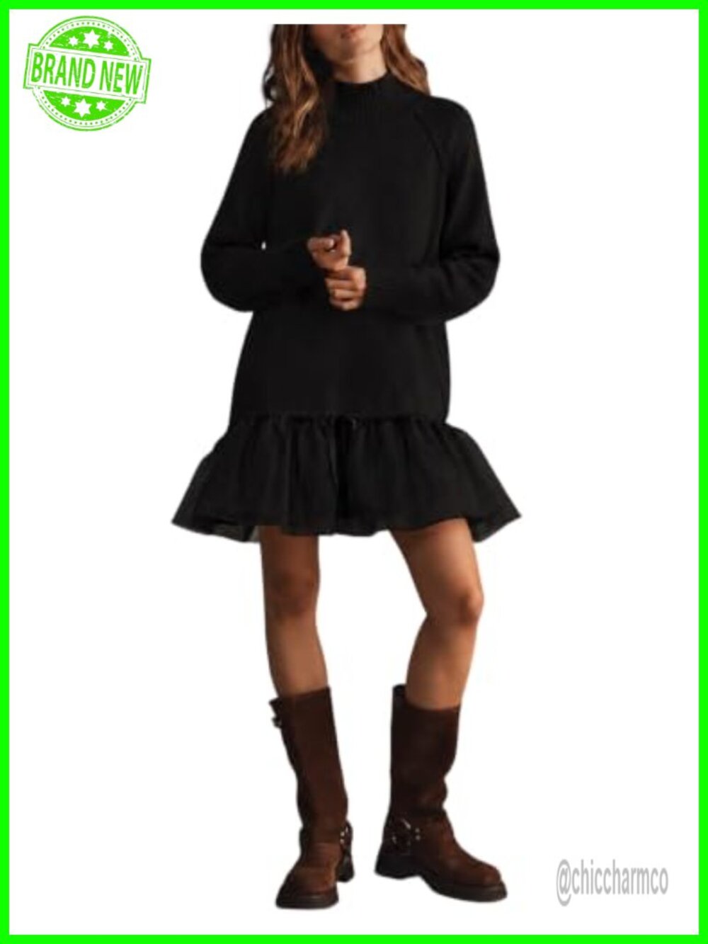 Twofer Sweater Dress Mock Neck Ribbed Knit Tulle Ruffle Mini Lace